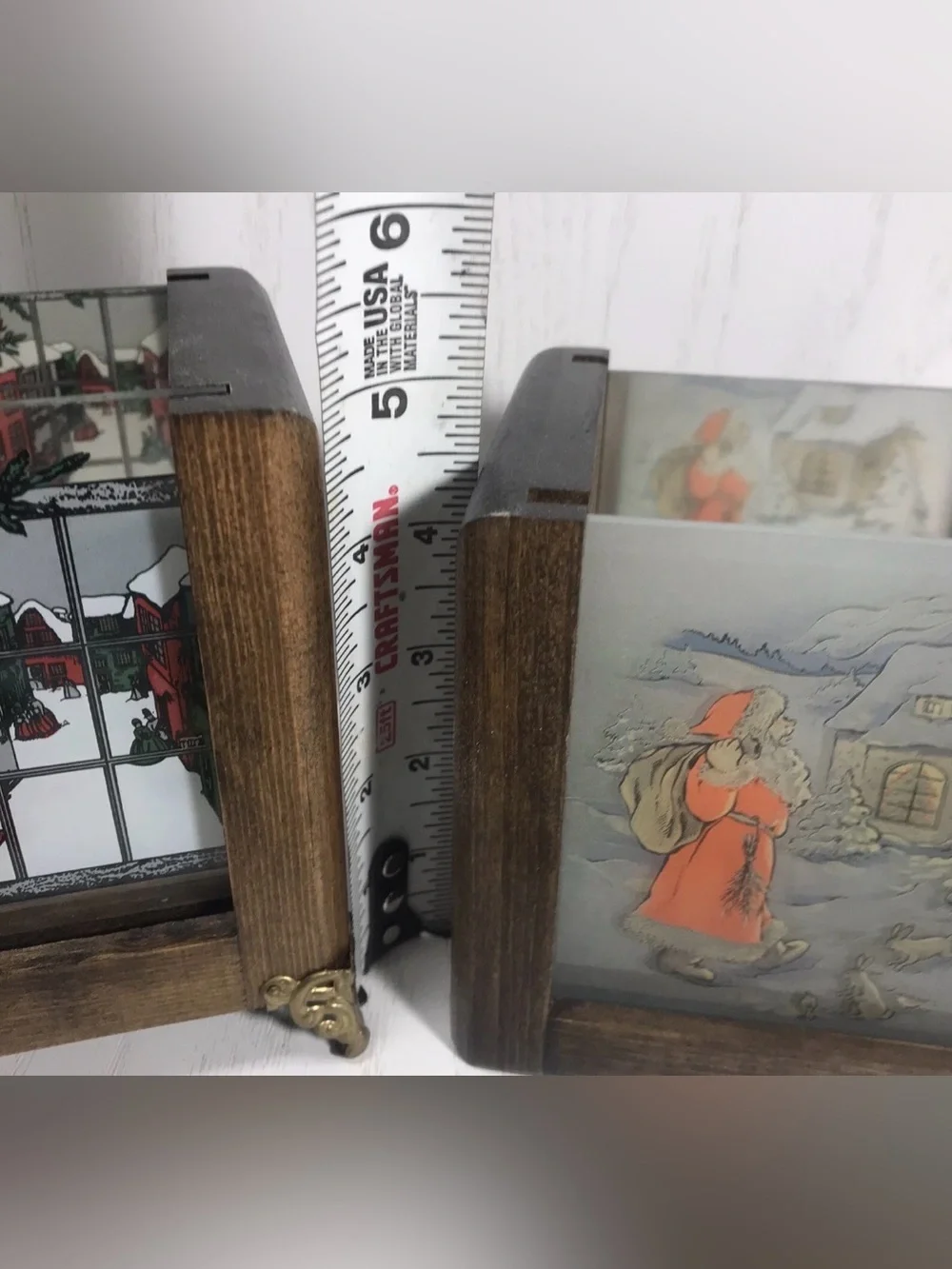 vtg wooden christmas/halloween candle holder with 6 glass pic inserts Hand Made